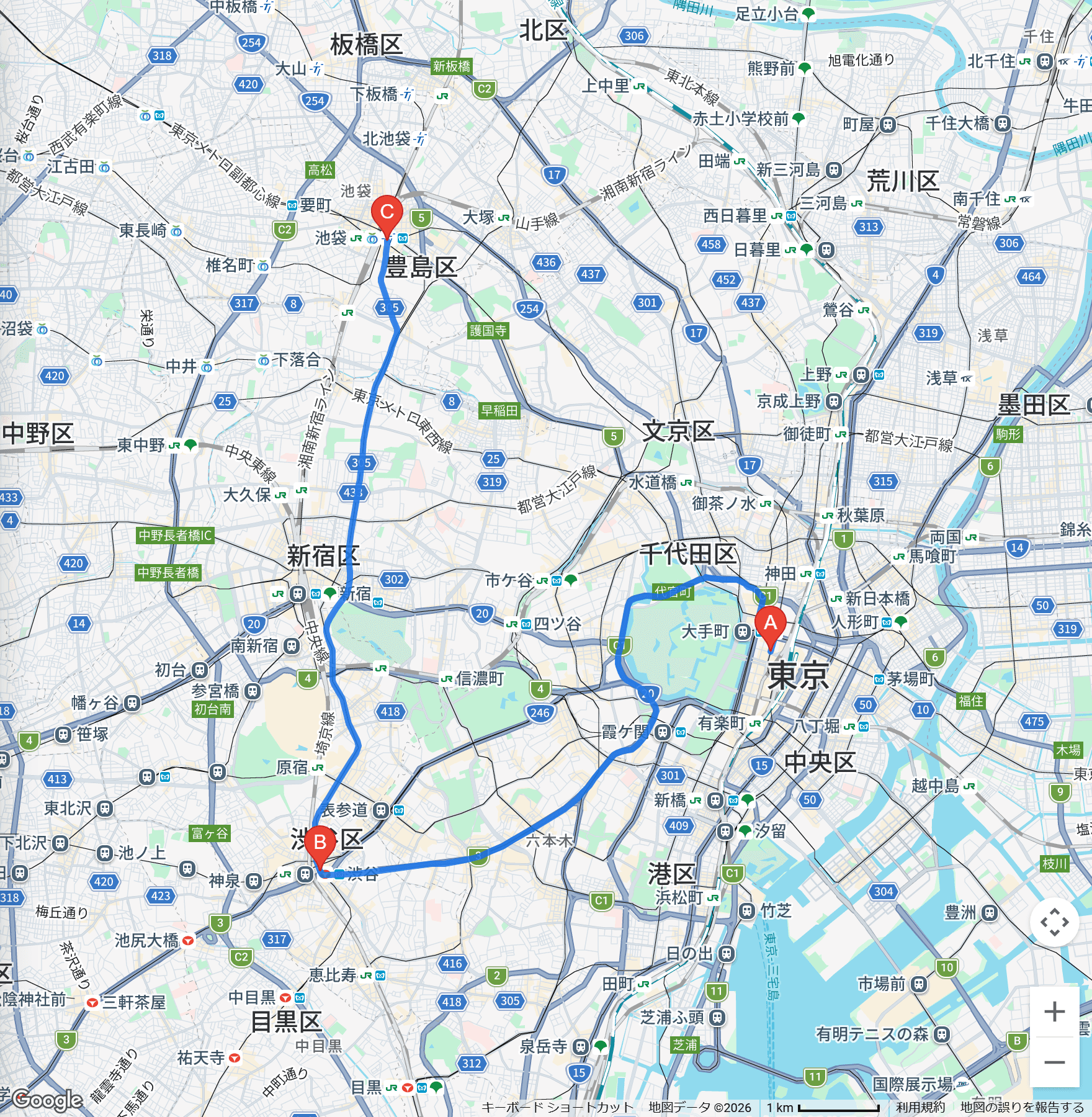 最適化されたルートの地図表示